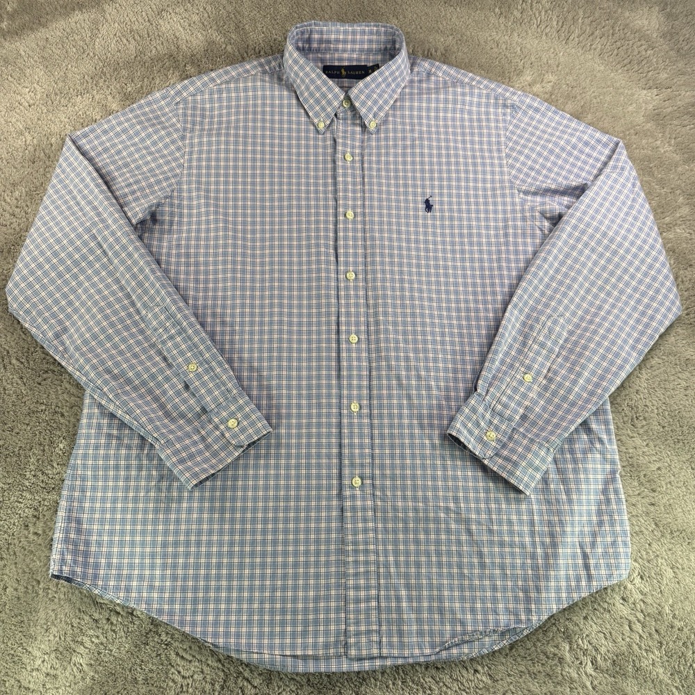 Ralph Lauren Mens Shirt XL Blue Pink Plaid Button Down Cotton Long Sleeve Pony